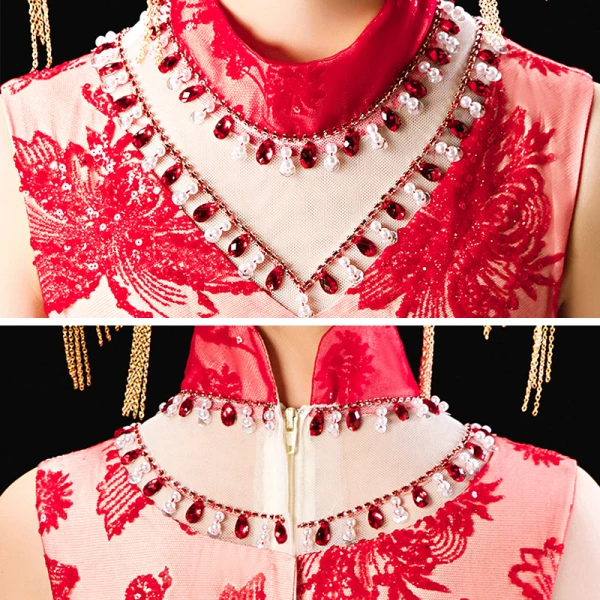 Chinese style Red Birthday Flower Girl Dresses 2020 Ball Gown High Neck Sleeveless Appliques Lace Beading Sequins Sweep Train Ruffle