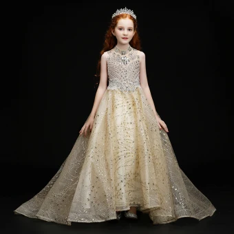 Vintage Retro Gold Birthday Flower Girl Dresses 2020 Ball Gown See Through High Neck Sleeveless Sequins Rhinestone Sweep Train Ruffle