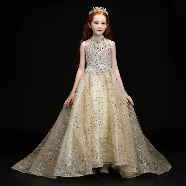 Vintage / Retro Gold Birthday Flower Girl Dresses 2020 Ball Gown See-through High Neck Sleeveless Sequins Rhinestone Sweep Train Ruffle