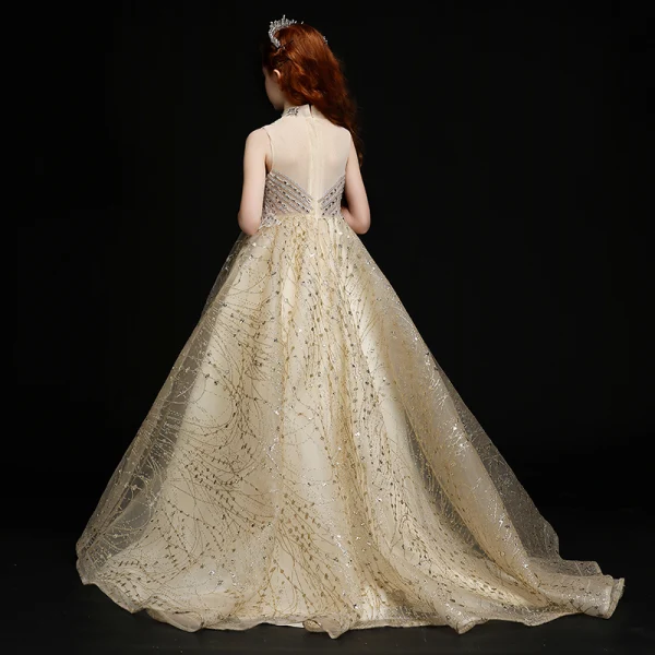 Vintage / Retro Gold Birthday Flower Girl Dresses 2020 Ball Gown See-through High Neck Sleeveless Sequins Rhinestone Sweep Train Ruffle