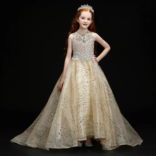 Vintage / Retro Gold Birthday Flower Girl Dresses 2020 Ball Gown See-through High Neck Sleeveless Sequins Rhinestone Sweep Train Ruffle