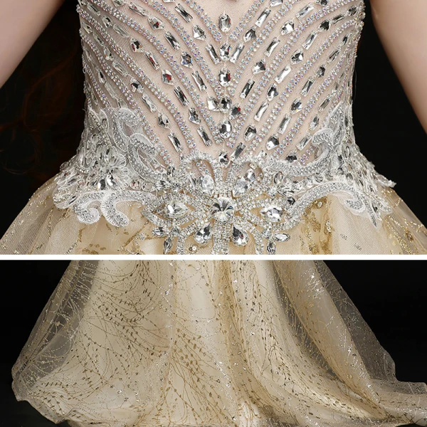 Vintage / Retro Gold Birthday Flower Girl Dresses 2020 Ball Gown See-through High Neck Sleeveless Sequins Rhinestone Sweep Train Ruffle