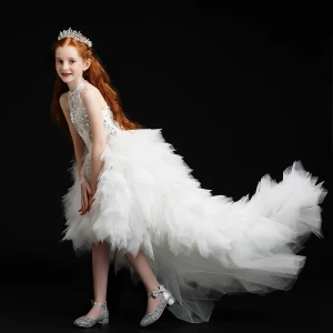 High End White Birthday Flower Girl Dresses 2020 Ball Gown See Through High Neck Sleeveless Rhinestone Asymmetrical Cascading Ruffles