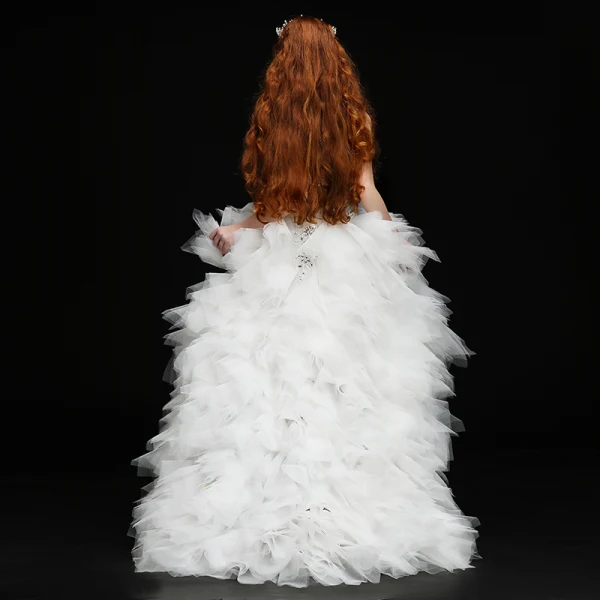 High-end White Birthday Flower Girl Dresses 2020 Ball Gown See-through High Neck Sleeveless Rhinestone Asymmetrical Cascading Ruffles