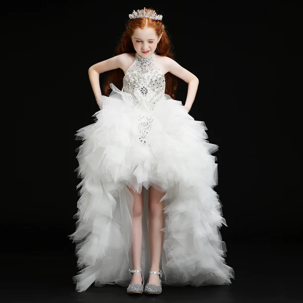 High-end White Birthday Flower Girl Dresses 2020 Ball Gown See-through High Neck Sleeveless Rhinestone Asymmetrical Cascading Ruffles