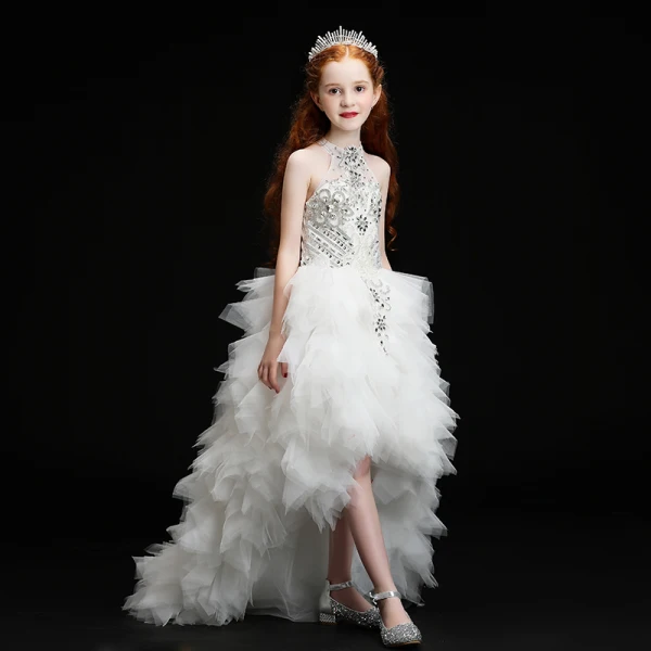High-end White Birthday Flower Girl Dresses 2020 Ball Gown See-through High Neck Sleeveless Rhinestone Asymmetrical Cascading Ruffles
