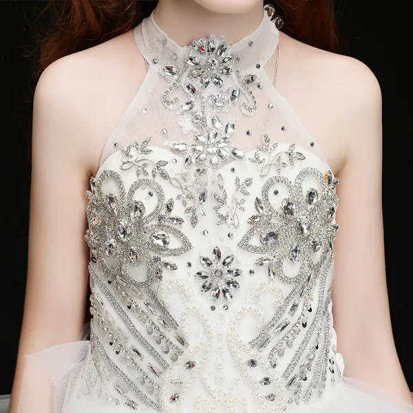 High-end White Birthday Flower Girl Dresses 2020 Ball Gown See-through High Neck Sleeveless Rhinestone Asymmetrical Cascading Ruffles