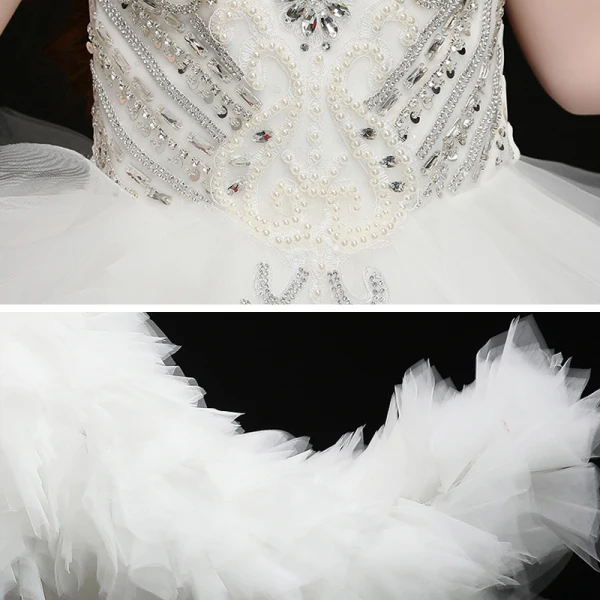 High-end White Birthday Flower Girl Dresses 2020 Ball Gown See-through High Neck Sleeveless Rhinestone Asymmetrical Cascading Ruffles