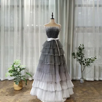 Chic Beautiful Grey Prom Dresses 2020 A Line Princess Strapless Sleeveless Sash Glitter Tulle Floor Length Long Backless Cascading Ruffles Formal Dresses