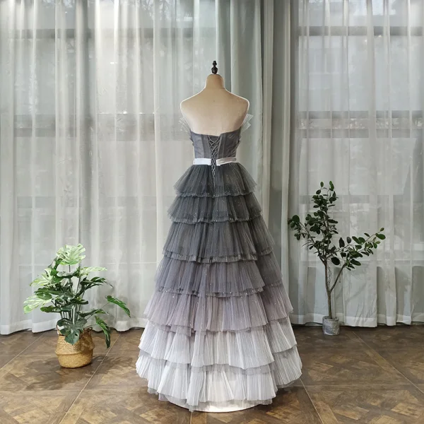 Chic / Beautiful Grey Prom Dresses 2020 A-Line / Princess Strapless Sleeveless Sash Glitter Tulle Floor-Length / Long Backless Cascading Ruffles Formal Dresses