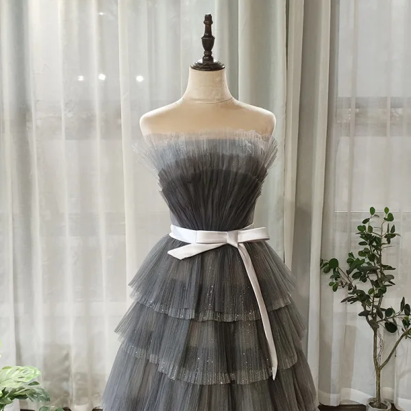Chic / Beautiful Grey Prom Dresses 2020 A-Line / Princess Strapless Sleeveless Sash Glitter Tulle Floor-Length / Long Backless Cascading Ruffles Formal Dresses