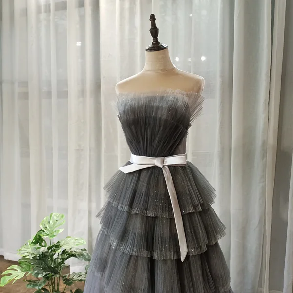 Chic / Beautiful Grey Prom Dresses 2020 A-Line / Princess Strapless Sleeveless Sash Glitter Tulle Floor-Length / Long Backless Cascading Ruffles Formal Dresses