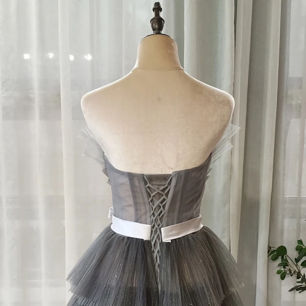 Chic / Beautiful Grey Prom Dresses 2020 A-Line / Princess Strapless Sleeveless Sash Glitter Tulle Floor-Length / Long Backless Cascading Ruffles Formal Dresses