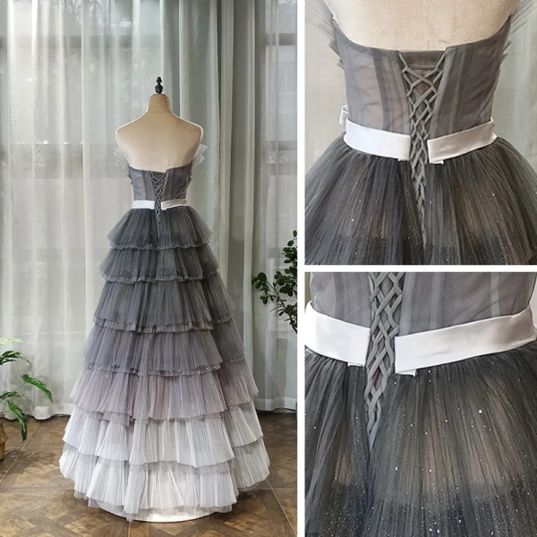 Chic / Beautiful Grey Prom Dresses 2020 A-Line / Princess Strapless Sleeveless Sash Glitter Tulle Floor-Length / Long Backless Cascading Ruffles Formal Dresses