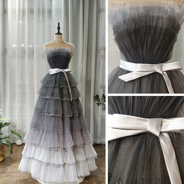 Chic / Beautiful Grey Prom Dresses 2020 A-Line / Princess Strapless Sleeveless Sash Glitter Tulle Floor-Length / Long Backless Cascading Ruffles Formal Dresses