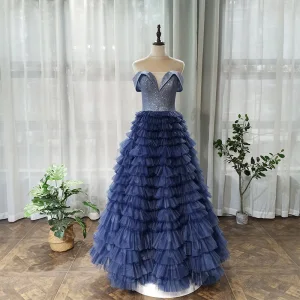 Chic Belle Bleu Marine Robe De Bal 2020 Princesse De L 039 Épaule Manches Courtes Glitter Tulle Longue Volants En Cascade Dos Nu Robe De Ceremonie