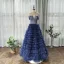 Chic / Beautiful Navy Blue Prom Dresses 2020 A-Line / Princess Off-The-Shoulder Short Sleeve Glitter Tulle Floor-Length / Long Cascading Ruffles Backless Formal Dresses