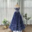 Chic / Beautiful Navy Blue Prom Dresses 2020 A-Line / Princess Off-The-Shoulder Short Sleeve Glitter Tulle Floor-Length / Long Cascading Ruffles Backless Formal Dresses