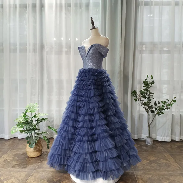 Chic / Beautiful Navy Blue Prom Dresses 2020 A-Line / Princess Off-The-Shoulder Short Sleeve Glitter Tulle Floor-Length / Long Cascading Ruffles Backless Formal Dresses