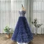 Chic / Beautiful Navy Blue Prom Dresses 2020 A-Line / Princess Off-The-Shoulder Short Sleeve Glitter Tulle Floor-Length / Long Cascading Ruffles Backless Formal Dresses