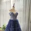 Chic / Beautiful Navy Blue Prom Dresses 2020 A-Line / Princess Off-The-Shoulder Short Sleeve Glitter Tulle Floor-Length / Long Cascading Ruffles Backless Formal Dresses