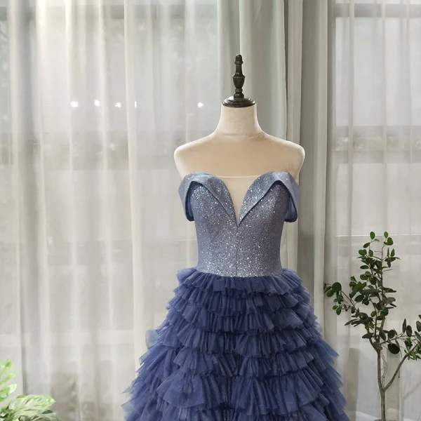 Chic / Beautiful Navy Blue Prom Dresses 2020 A-Line / Princess Off-The-Shoulder Short Sleeve Glitter Tulle Floor-Length / Long Cascading Ruffles Backless Formal Dresses