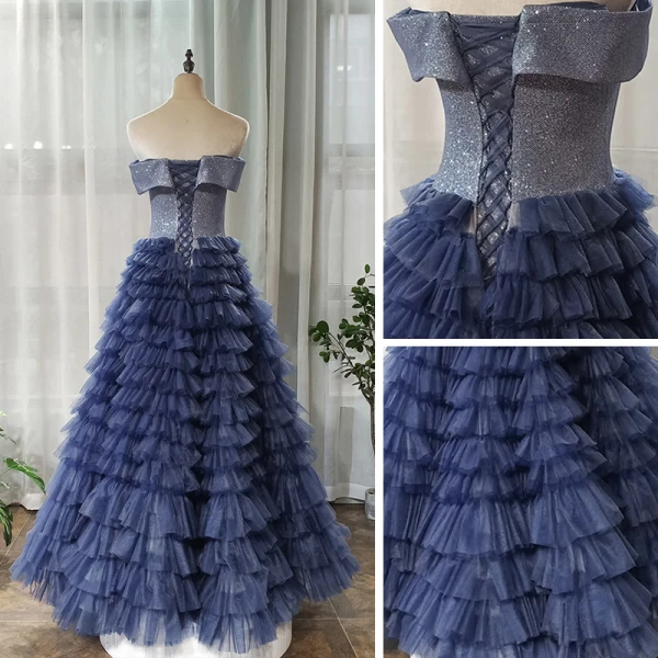 Chic / Beautiful Navy Blue Prom Dresses 2020 A-Line / Princess Off-The-Shoulder Short Sleeve Glitter Tulle Floor-Length / Long Cascading Ruffles Backless Formal Dresses