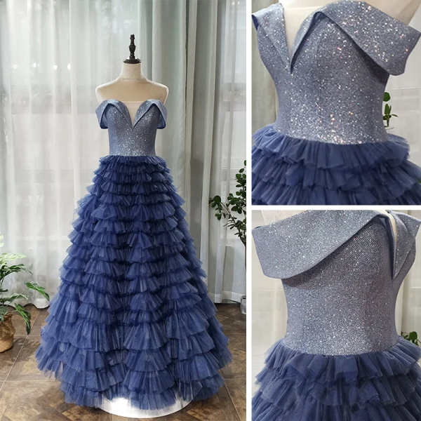 Chic / Beautiful Navy Blue Prom Dresses 2020 A-Line / Princess Off-The-Shoulder Short Sleeve Glitter Tulle Floor-Length / Long Cascading Ruffles Backless Formal Dresses