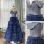 Chic / Beautiful Navy Blue Prom Dresses 2020 A-Line / Princess Off-The-Shoulder Short Sleeve Glitter Tulle Floor-Length / Long Cascading Ruffles Backless Formal Dresses