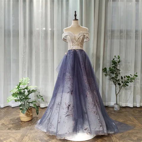 Schöne Marineblau Ballkleider 2020 A Linie Off Shoulder Kurze Ärmel Applikationen Blumen Perlenstickerei Glanz Tülle Lange Rüschen Rückenfreies Festliche Kleider