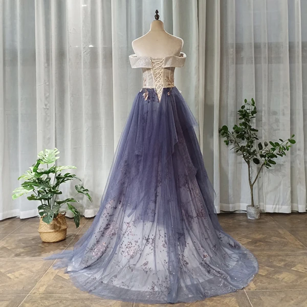 Chic / Beautiful Navy Blue Prom Dresses 2020 A-Line / Princess Off-The-Shoulder Short Sleeve Appliques Flower Beading Glitter Tulle Floor-Length / Long Ruffle Backless Formal Dresses