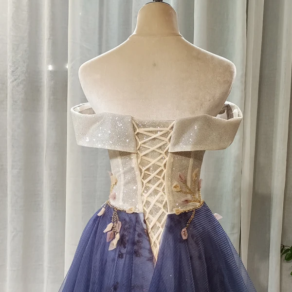 Chic / Beautiful Navy Blue Prom Dresses 2020 A-Line / Princess Off-The-Shoulder Short Sleeve Appliques Flower Beading Glitter Tulle Floor-Length / Long Ruffle Backless Formal Dresses