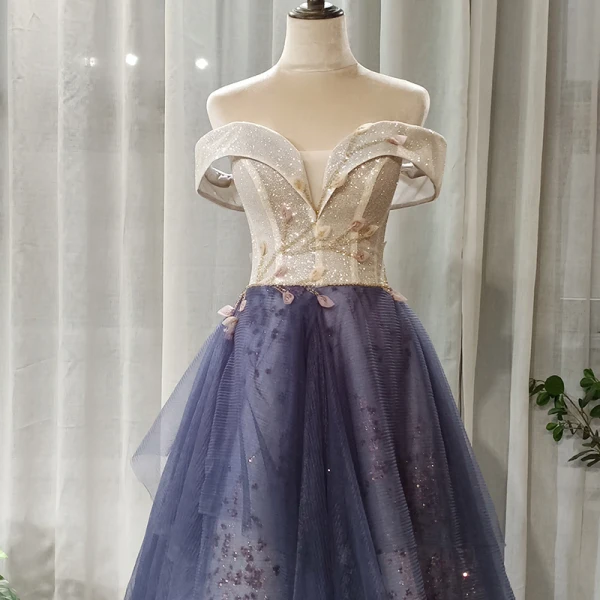 Chic / Beautiful Navy Blue Prom Dresses 2020 A-Line / Princess Off-The-Shoulder Short Sleeve Appliques Flower Beading Glitter Tulle Floor-Length / Long Ruffle Backless Formal Dresses