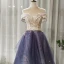 Chic / Beautiful Navy Blue Prom Dresses 2020 A-Line / Princess Off-The-Shoulder Short Sleeve Appliques Flower Beading Glitter Tulle Floor-Length / Long Ruffle Backless Formal Dresses