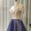Chic / Beautiful Navy Blue Prom Dresses 2020 A-Line / Princess Off-The-Shoulder Short Sleeve Appliques Flower Beading Glitter Tulle Floor-Length / Long Ruffle Backless Formal Dresses