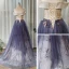 Chic / Beautiful Navy Blue Prom Dresses 2020 A-Line / Princess Off-The-Shoulder Short Sleeve Appliques Flower Beading Glitter Tulle Floor-Length / Long Ruffle Backless Formal Dresses