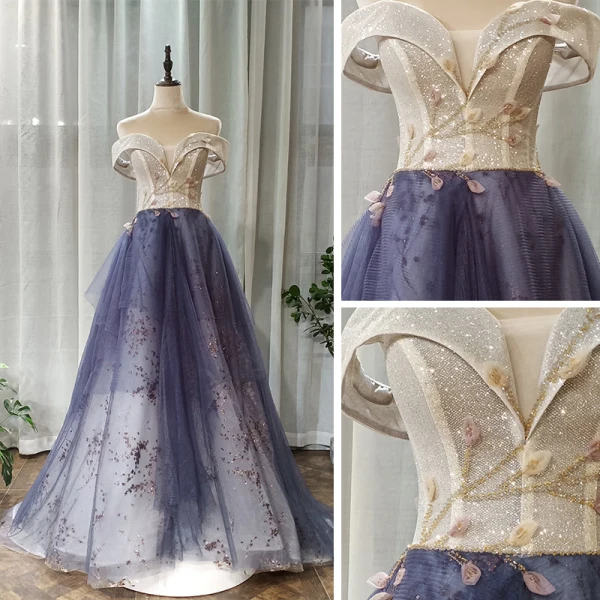 Chic / Beautiful Navy Blue Prom Dresses 2020 A-Line / Princess Off-The-Shoulder Short Sleeve Appliques Flower Beading Glitter Tulle Floor-Length / Long Ruffle Backless Formal Dresses