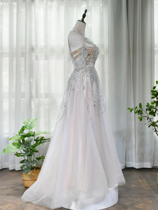 High End Champagner Abendkleider 2020 A Linie Eckiger Ausschnitt Ärmellos Strass Sweep / Pinsel Zug Rüschen Rückenfreies Festliche Kleider
