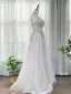 High End Champagner Abendkleider 2020 A Linie Eckiger Ausschnitt Ärmellos Strass Sweep / Pinsel Zug Rüschen Rückenfreies Festliche Kleider