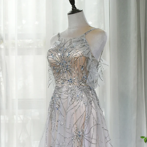 High End Champagner Abendkleider 2020 A Linie Eckiger Ausschnitt Ärmellos Strass Sweep / Pinsel Zug Rüschen Rückenfreies Festliche Kleider