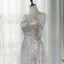 High End Champagner Abendkleider 2020 A Linie Eckiger Ausschnitt Ärmellos Strass Sweep / Pinsel Zug Rüschen Rückenfreies Festliche Kleider