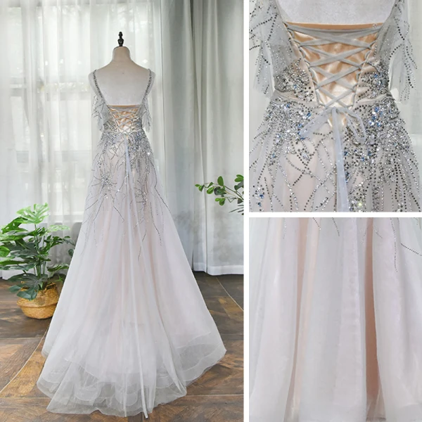 High End Champagner Abendkleider 2020 A Linie Eckiger Ausschnitt Ärmellos Strass Sweep / Pinsel Zug Rüschen Rückenfreies Festliche Kleider