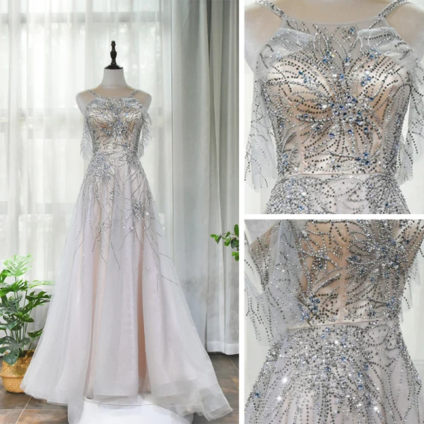 High End Champagner Abendkleider 2020 A Linie Eckiger Ausschnitt Ärmellos Strass Sweep / Pinsel Zug Rüschen Rückenfreies Festliche Kleider