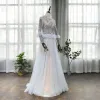 High-end Silver Red Carpet Evening Dresses  2020 A-Line / Princess See-through High Neck Long Sleeve Handmade  Beading Sequins Sweep Train Ruffle Formal Dresses
