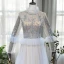 Haut de Gamme Argenté Tapis rouge Robe De Soirée 2020 Princesse Transparentes Col Haut Manches Longues Fait main Perlage Paillettes Train De Balayage Volants Robe De Ceremonie
