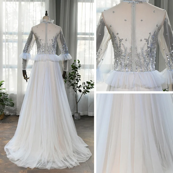Haut de Gamme Argenté Tapis rouge Robe De Soirée 2020 Princesse Transparentes Col Haut Manches Longues Fait main Perlage Paillettes Train De Balayage Volants Robe De Ceremonie