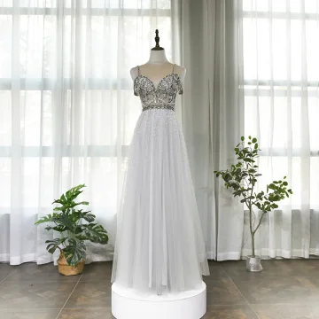 High End Grey Evening Dresses 2020 A Line Princess Spaghetti Straps Short Sleeve V Neck Beading Rhinestone Floor Length Long Ruffle Backless Formal Dresses