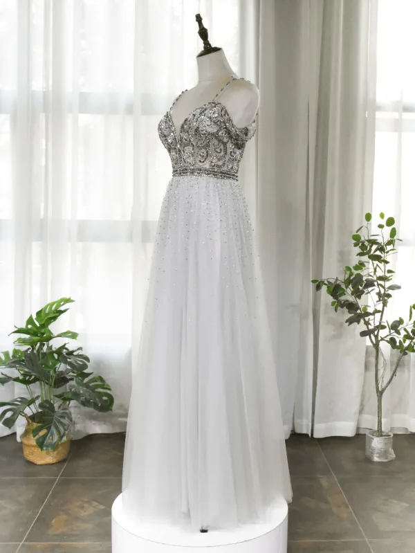 Haut de Gamme Gris Robe De Soirée 2020 Princesse Bretelles Spaghetti Manches Courtes V-Cou Perlage Faux Diamant Longue Volants Dos Nu Robe De Ceremonie