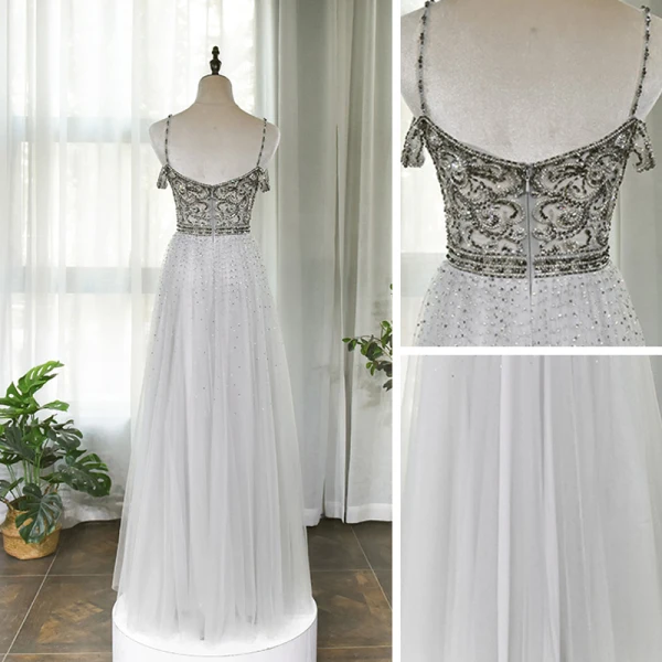 Haut de Gamme Gris Robe De Soirée 2020 Princesse Bretelles Spaghetti Manches Courtes V-Cou Perlage Faux Diamant Longue Volants Dos Nu Robe De Ceremonie
