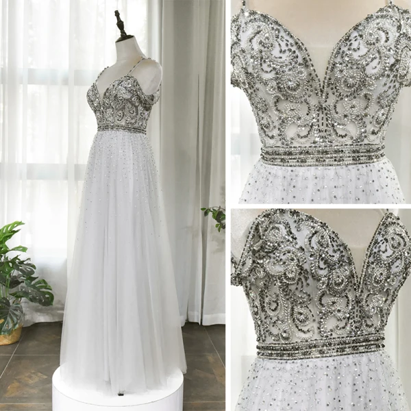 Haut de Gamme Gris Robe De Soirée 2020 Princesse Bretelles Spaghetti Manches Courtes V-Cou Perlage Faux Diamant Longue Volants Dos Nu Robe De Ceremonie
